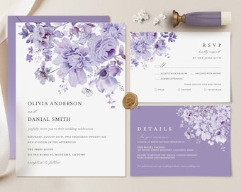 Lavender Wedding Invitation Suite Template, Lilac Invite Set, Purple Floral Boho Details Card, Printable Garden RSVP, Instant Download