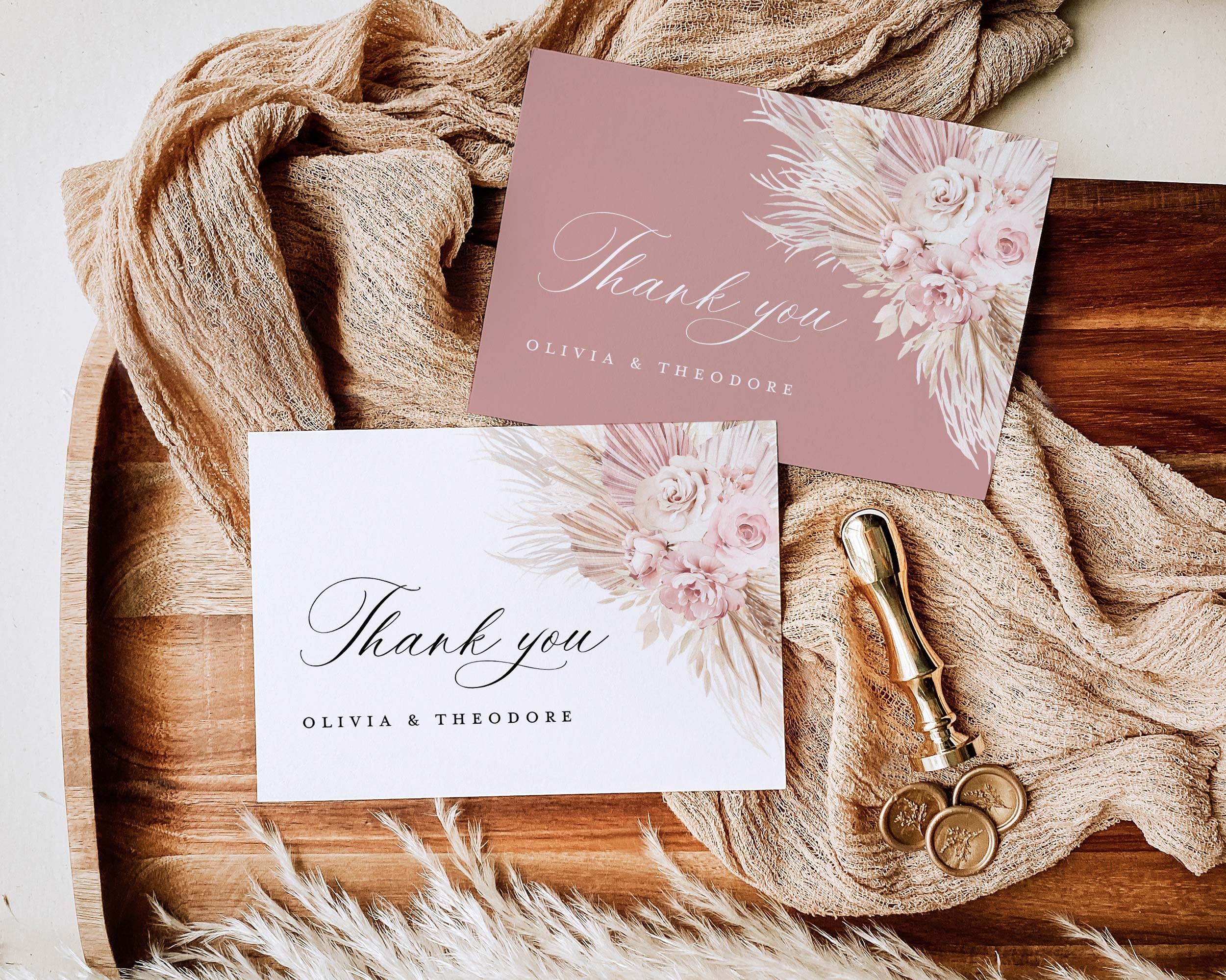 Blush Pink Wedding Thank You Card Template, Boho Floral Thank You Note ...