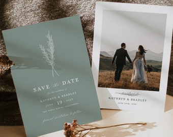 Sage Green Save The Date Template, Minimalist Photo Wedding Save The Dates, Botanical Rosemary Elegant Modern Greenery Save The Date Cards