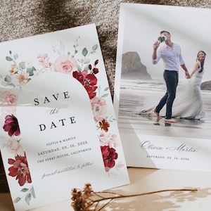 Bourgondische Blush Save The Date Cards-sjabloon, Foto Floral Arch Wedding Save The Dates, Kastanjebruine Blush Marsala Aquarel Save The Date-kaarten