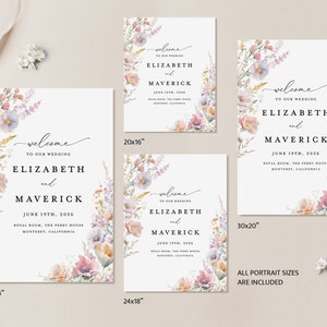 May include: Four printable wedding welcome signs with watercolor floral borders. The signs feature the text "Welcome to our wedding", the couple's names "Elizabeth and Maverick", the wedding date "June 19th, 2026", and the wedding location. The signs are available in four sizes: 36x24 inches, 24x18 inches, 20x16 inches, and 30x20 inches.