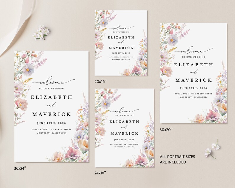 May include: Four printable wedding welcome signs with watercolor floral borders. The signs feature the text "Welcome to our wedding", the couple's names "Elizabeth and Maverick", the wedding date "June 19th, 2026", and the wedding location. The signs are available in four sizes: 36x24 inches, 24x18 inches, 20x16 inches, and 30x20 inches.