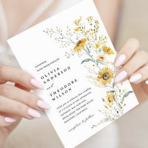 Modèle de faire-part de mariage tournesol, carte d'invitations mariage fleurs sauvages Boho, invitations florales élégantes imprimables jaune sauge, téléchargement
