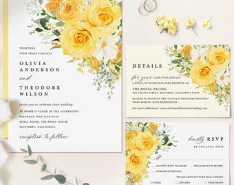 Yellow Floral Wedding Invitation Template Set, Boho Wedding Invites Suite, Elegant Wildflower Garden Sage Rose Details RSVP Card, Download