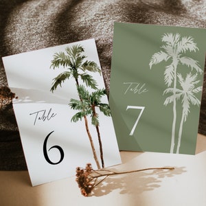 Palmboom bruiloft tafelnummers kaartsjabloon, bestemming strand tropische tafelnummers, Boho Sage afdrukbare tafelnummerkaarten, downloaden