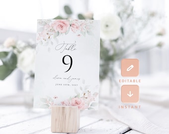 Plantilla de tarjeta de número de mesa de boda rosa rubor, números de mesa de rubor salvia, tarjeta de número de mesa imprimible elegante rosa floral boho, descargar