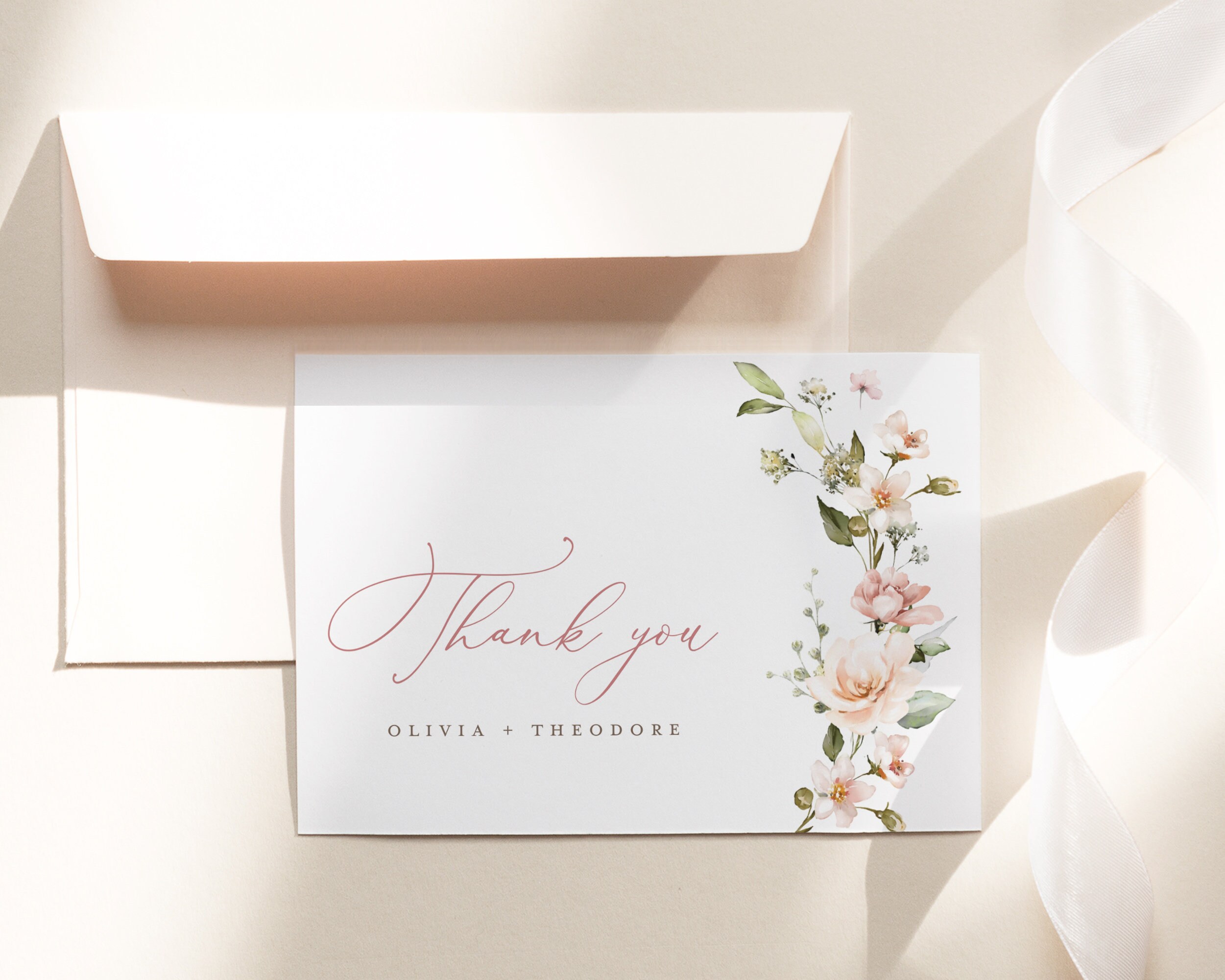 Boho Floral Wedding Thank You Card Template, Blush Pink Thank You Note ...