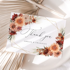 Terrakotta Hochzeit Dankeskarte, Boho Floral Gold Dankeschön Note, Elegante Gebrannte Orange Dankeschön Tischkarte, Download