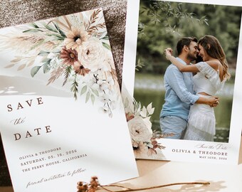 Boho Save The Date Cards Template, Photo Sage Floral Wedding Save The Dates, Elegant Terracotta Pampas Save The Date Cards, Instant Download