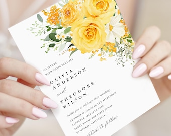 Yellow Floral Wedding Invitation Template, Boho Wedding Invites Card, Elegant Wildflower Garden Light Yellow Sage Rose Invitations, Download