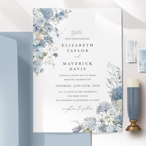 Dusty Blue Wedding Invitation Template, Boho Floral Wedding Invite Card, Printable Elegant Garden Light Steel Blue Invitations, Download image 1