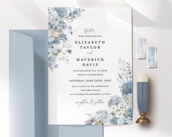 Staub Blau Hochzeitseinladung Vorlage, Boho Blumen Hochzeit Einladungskarte, Elegante Garten Hell Stahlblau Einladungen zum Ausdrucken