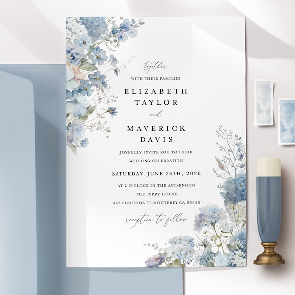 Modèle de faire-part de mariage bleu poussiéreux, carte d'invitation de mariage floral bohème, faire-part de mariage bleu acier à imprimer élégant jardin, téléchargement