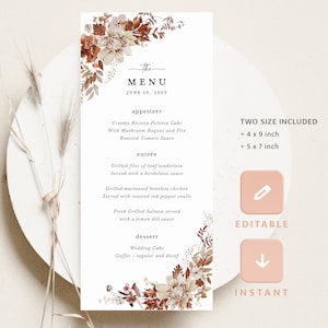 Modèle de cartes de menu de mariage en terre cuite, menu de réception automne verdure rustique, imprimable Boho élégant automne beige Floral dîner menu téléchargement