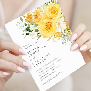 Gelb Blumen Hochzeitseinladung Vorlage, Boho Hochzeit lädt Karte, Elegante Wildblumen Garten Hellgelb Salbei Rose Einladungen, Download