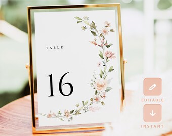 Plantilla de número de mesa de boda floral rubor, números de mesa boho, rosa rosa minimalista moderno elegante imprimible DIY tarjetas de número de mesa, Leah