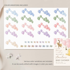 Pode incluir: Design digital com grupos de bal&otilde;es em tons pastel, borboletas e um convite para um ch&aacute; de beb&eacute;. O convite inclui personagens de Winnie the Pooh e o texto "Bem-vindo ao ch&aacute; de beb&eacute; de Amelia".