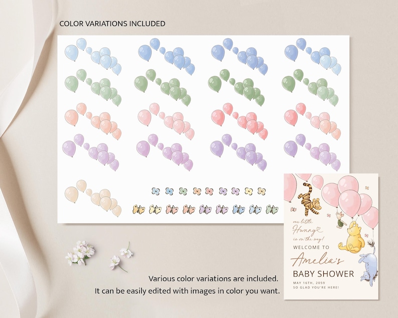 Pode incluir: Design digital com grupos de bal&otilde;es em tons pastel, borboletas e um convite para um ch&aacute; de beb&eacute;. O convite inclui personagens de Winnie the Pooh e o texto "Bem-vindo ao ch&aacute; de beb&eacute; de Amelia".