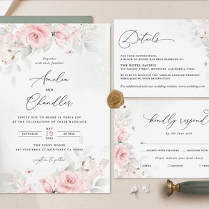 Modèle de faire-part de mariage rose blush, verdure florale, faire-part de mariage, carte de détails Boho sauge rose blush, RSVP élégant imprimable
