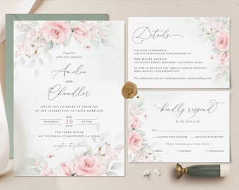 Blush Pink Wedding Invitation Template, Floral Greenery Wedding Invite Set, Boho Sage Blush Rose Details Card, Printable Elegant RSVP