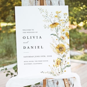 Plantilla de signo de bienvenida de boda de girasol, signo de decoración de recepción de flores silvestres boho, señalización grande floral amarilla salvia rústica imprimible, descargar