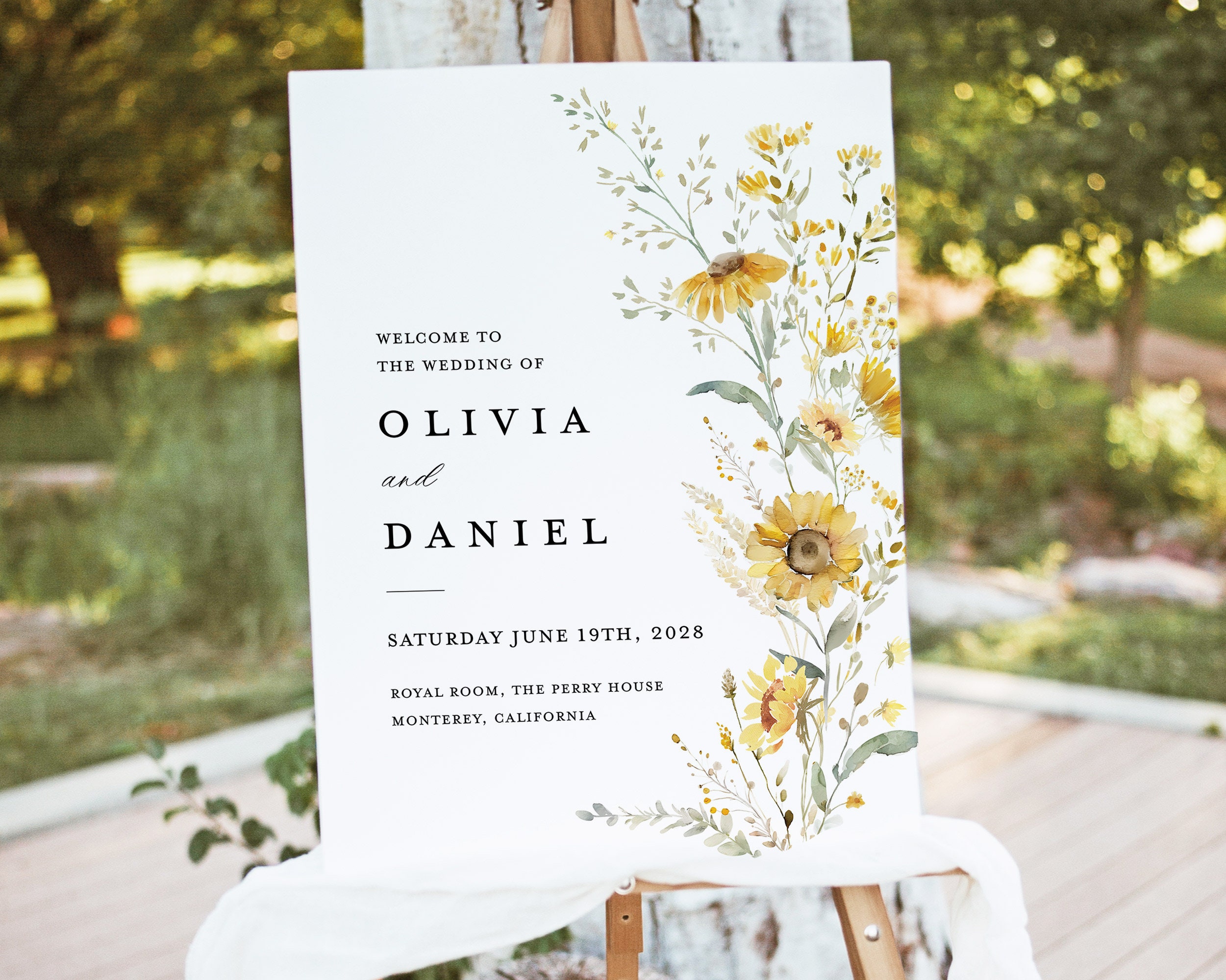 Sunflower Wedding Welcome Sign Template, Boho Wildflower Reception Decor Sign, Printable Rustic Sage Yellow Floral Large Signage, Download