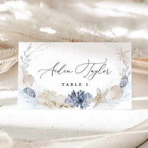 Boho Beach Wedding Place Card Template, Ocean Blue Name Escort Card, Nautical Sea Destination Printable Table Place Cards With Meal Choice