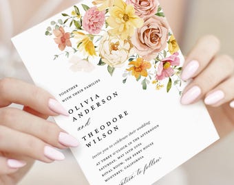 Colorful Pastel Wedding Invitation Template, Floral Pink Yellow Wedding Invites, Boho Blush Spring Garden Wedding Invitation, Download