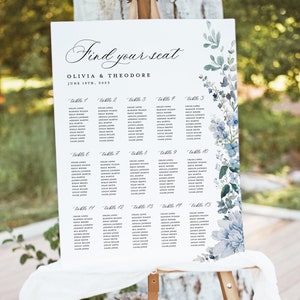 Stoffige blauwe bruiloft zitplaatsen grafiek teken sjabloon, Wildflower Boho Floral elegante stalen lichtblauwe grote gastentafel zitplaatsen grafiek bord