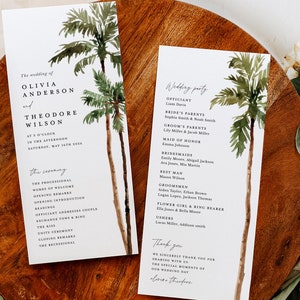 May include: Wedding ceremony program with a tropical theme. The program lists the order of events for the ceremony and the wedding party. The program features a watercolor illustration of palm trees.