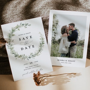 Salbei Grün Save the Date Karten Vorlage, Foto Greenery Hochzeit Save The Dates, minimale klassische Eukalyptus elegante Boho Save The Date Karten