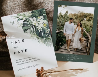 Tropical Save The Date Cards Template, Photo Sage Monstera Wedding Save The Dates, Boho Palm Tree Destination Beach Save Our Date Cards