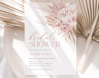 Boho Blush Pink Bridal Shower Invitation Template, Floral Bridal Brunch Invite, Printable Editable Elegant Pampas Rose Shower, Download