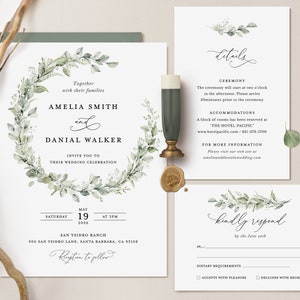Sage Boho Wedding Invitation Template, Greenery Wedding Invite Set, Elegant Eucalyptus Minimalist Editable Details Card, Printable RSVP image 2