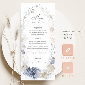 Szablon karty menu weselnego Boho Beach, Menu przyjęcia w kolorze oceanicznym, Eleganckie menu kolacji w stylu marynistycznym z muszlą morską do wydrukowania, Pobierz