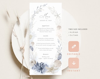 Boho Beach Wedding Menu Cards Template, Ocean Blue Reception Menu, Printable Elegant Nautical Sea Shell Destination Dinner Menu, Download