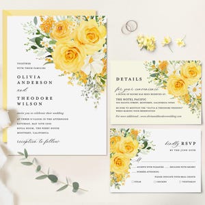 Ensemble de modèles de faire-part de mariage floral jaune, suite d'invitations de mariage bohème, élégant jardin de fleurs sauvages rose sauge détails carte RSVP, téléchargement