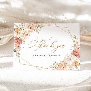 Staubige Rose Hochzeit Dankeskarte, Vorlage, Boho Blush Dankeschön Note, Elegantes Gold Floral Personalisiert Danke Tischkarte, Download