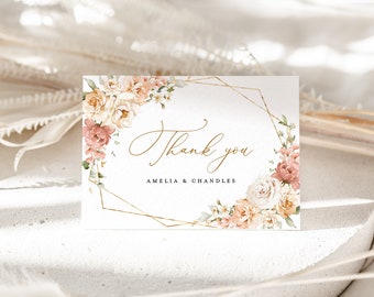 Staubige Rose Hochzeit Dankeskarte, Vorlage, Boho Blush Dankeschön Note, Elegantes Gold Floral Personalisiert Danke Tischkarte, Download