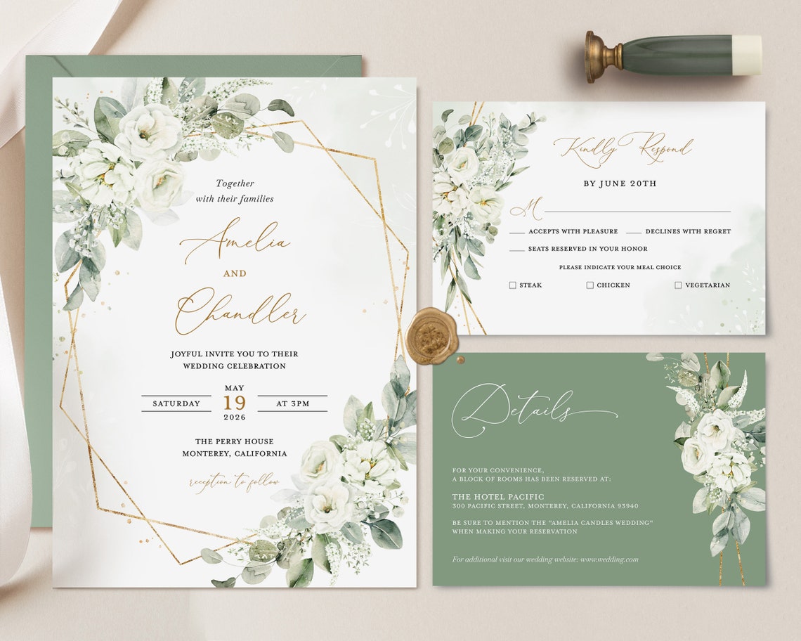 Sage Green Wedding Invitation Template Gold and White Floral image 1