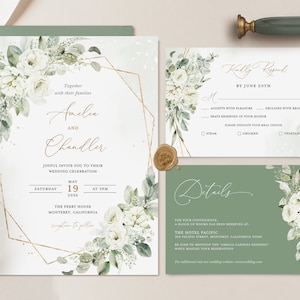 Modelo de convite de casamento verde sábio, conjunto de convite de casamento floral dourado e branco, cartão elegante com detalhes Boho, RSVP geométrico imprimível