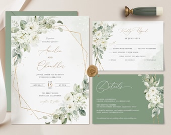 Sage Green Wedding Invitation Template, Gold and White Floral Wedding Invite Set, Elegant Boho Details Card, Printable Geometric RSVP