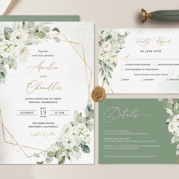 Modèle de faire-part de mariage vert sauge, ensemble d'invitations de mariage florales or et blanc, carte de détails Boho élégante, RSVP géométrique imprimable