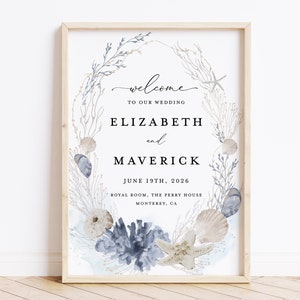 May include: A watercolor wedding welcome sign with a wreath of blue and beige sea life, including starfish, seashells, and seaweed. The text reads "Welcome to our wedding Elizabeth and Maverick June 19th, 2026 Royal Room, The Perry House Monterey, CA".