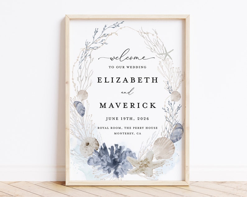 May include: A watercolor wedding welcome sign with a wreath of blue and beige sea life, including starfish, seashells, and seaweed. The text reads "Welcome to our wedding Elizabeth and Maverick June 19th, 2026 Royal Room, The Perry House Monterey, CA".