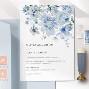 Dusty Blue Wedding Invitation Template, Steel Blue Floral Wedding Invite, Light Blue Invitation, Printable DIY Elegant Wedding Invite, Livia