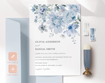 Dusty Blue Wedding Invitation Template, Steel Blue Floral Wedding Invite, Light Blue Invitation, Printable DIY Elegant Wedding Invite, Livia