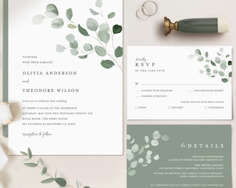 Sage Green Minimal Wedding Invitation Template, Eucalyptus Modern Invite Set, Rustic Greenery Botanical Details Card, Printable RSVP