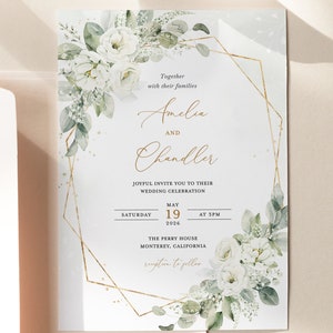 Geometric White Floral Wedding Invitation Template, Gold and White Wedding Invite Card, Elegant Sage Green Invitations, Printable, Elena image 10