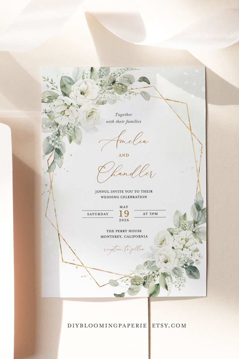 Geometric White Floral Wedding Invitation Template, Gold and White Wedding Invite Card, Elegant Sage Green Invitations, Printable, Elena zdjęcie 10